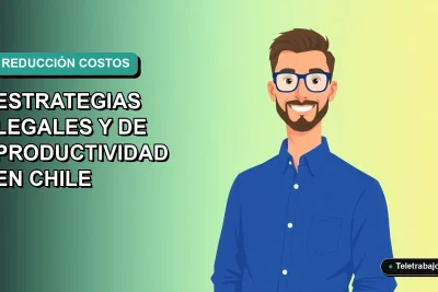 Ilustración vectorial plana de trabajador remoto masculino con camisa azul, sobre fondo degradado verde azulado, representando estrategias de productividad y reducción de costes laborales en Chile para 2026.