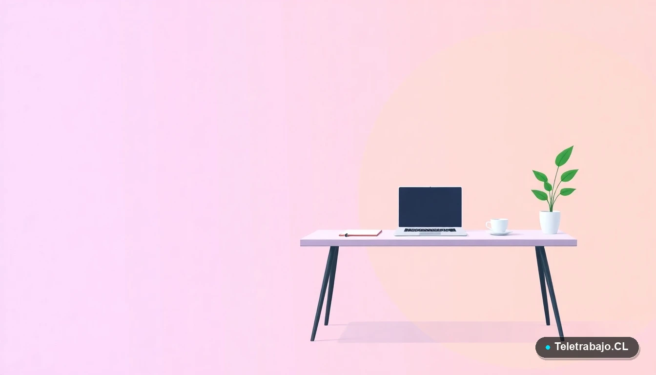 Ilustración vectorial de un escritorio moderno vacío con laptop, taza de café y planta, sobre fondo degradado lavanda y durazno, simbolizando eficiencia y espacios de trabajo optimizados.