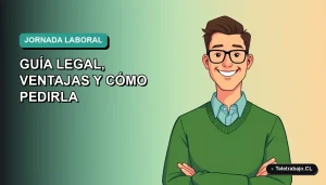 Ilustración plana corporativa de un trabajador remoto feliz junto a un escritorio moderno, representando la reducción de jornada laboral en Chile 2026. Fondo con gradiente suave de color verde azulado.