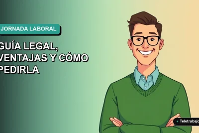 Ilustración plana corporativa de un trabajador remoto feliz junto a un escritorio moderno, representando la reducción de jornada laboral en Chile 2026. Fondo con gradiente suave de color verde azulado.