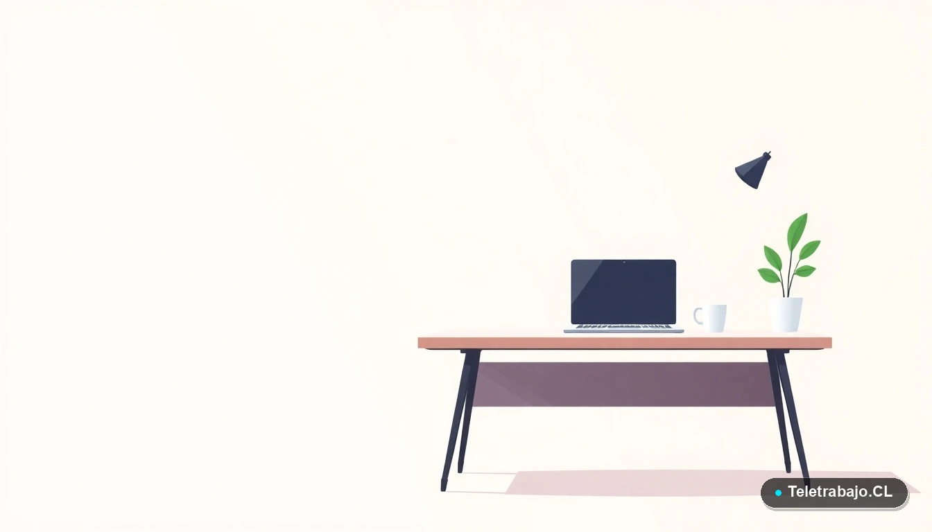 Escritorio moderno minimalista con laptop, taza de café y planta, ilustración plana corporativa. Concepto de espacio de trabajo remoto y equilibrio laboral.