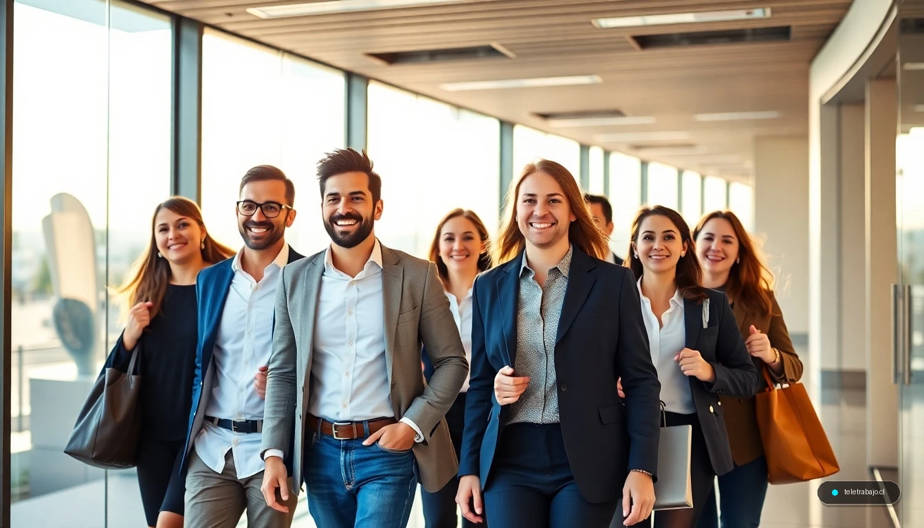 Empleados españoles saliendo de la oficina tras una jornada laboral reducida, sonriendo y disfrutando de su tiempo personal.