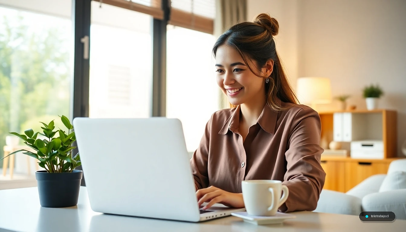 Mujer profesional gestionando su reducción de jornada laboral en un entorno de teletrabajo moderno y acogedor.