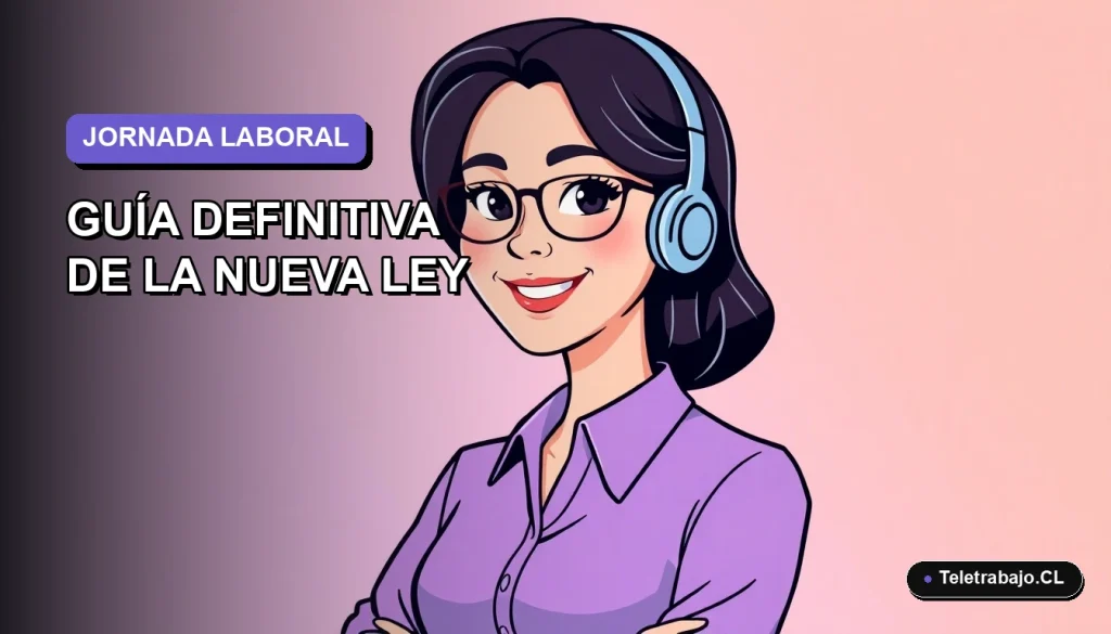 Ilustración plana vectorial de una mujer profesional trabajando remotamente, sobre un fondo degradado lavanda, representando la nueva ley de reducción de jornada laboral 2026 en Chile.
