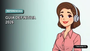 Ilustración plana corporativa de una mujer profesional de teletrabajo sonriendo, con fondo degradado suave azul verdoso. Concepto de guía de referencias laborales.