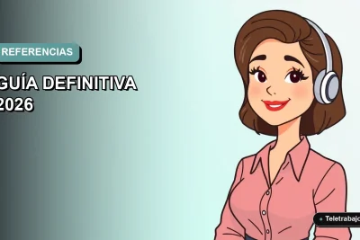 Ilustración plana corporativa de una mujer profesional de teletrabajo sonriendo, con fondo degradado suave azul verdoso. Concepto de guía de referencias laborales.