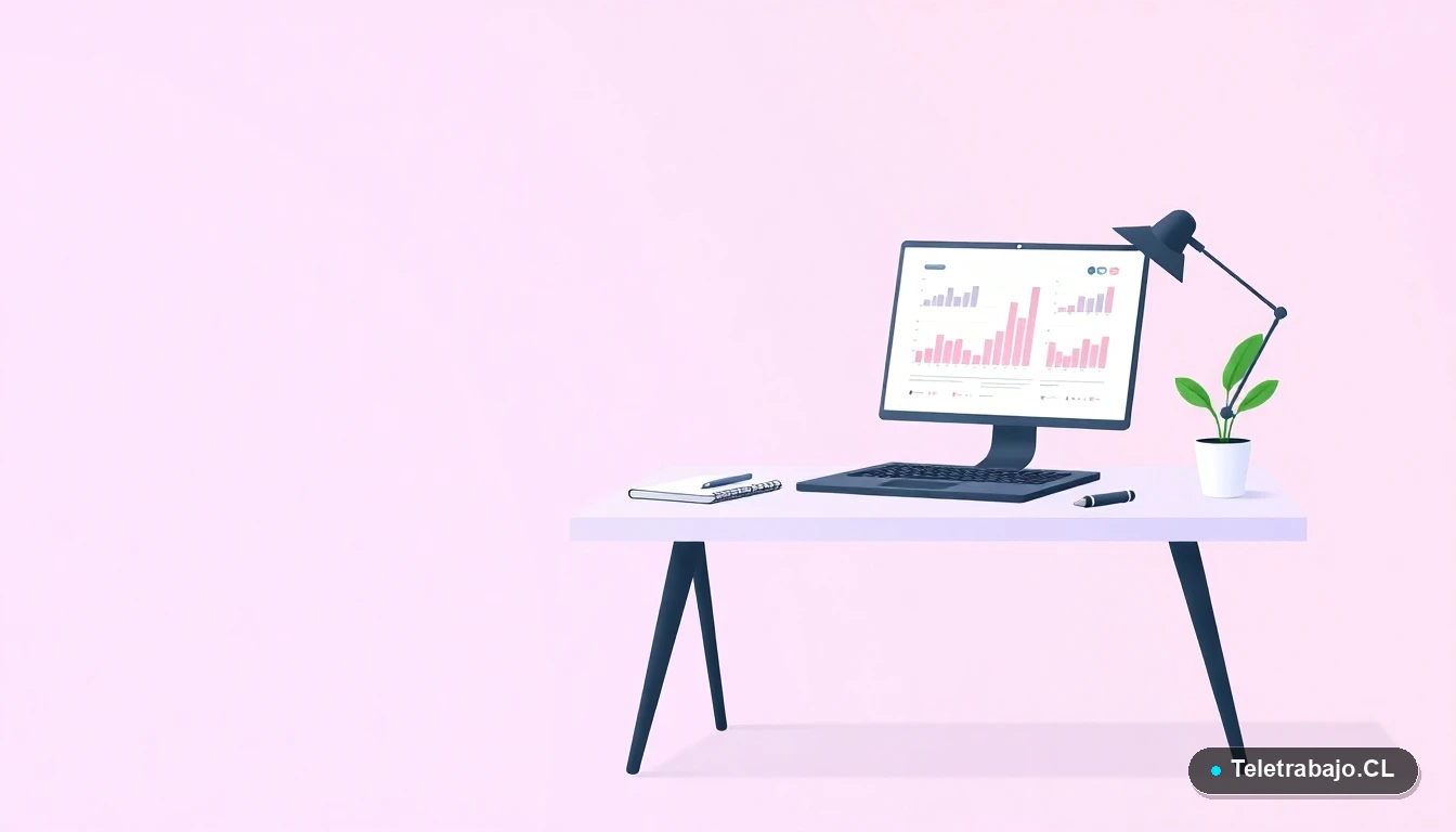 Escritorio moderno minimalista con laptop, cuaderno y planta, sobre fondo degradado lila. Concepto de productividad y gestión profesional.