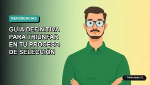 Ilustración plana corporativa de un trabajador masculino de tecnología con suéter verde, sobre fondo degradado azul verdoso, representando el proceso de selección laboral en Chile.