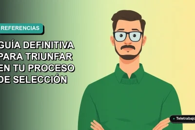 Ilustración plana corporativa de un trabajador masculino de tecnología con suéter verde, sobre fondo degradado azul verdoso, representando el proceso de selección laboral en Chile.