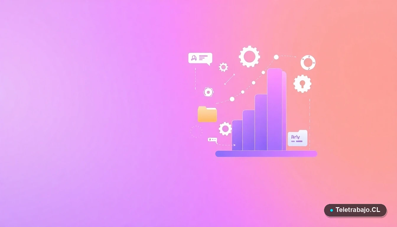 Composición abstracta de interfaz de usuario con gráficos, engranajes y carpetas flotantes en estilo ilustración plana, sobre fondo degradado lila y durazno, concepto de procesos y tecnología.
