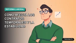 Ilustración vectorial plana de un trabajador masculino de tecnología, con suéter verde, observando un gráfico de tendencia ascendente. Fondo con gradiente suave de azul a verde teal, espacio negativo a la izquierda.