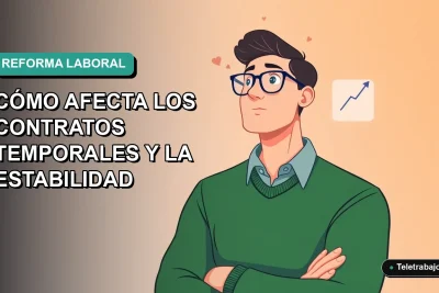 Ilustración vectorial plana de un trabajador masculino de tecnología, con suéter verde, observando un gráfico de tendencia ascendente. Fondo con gradiente suave de azul a verde teal, espacio negativo a la izquierda.