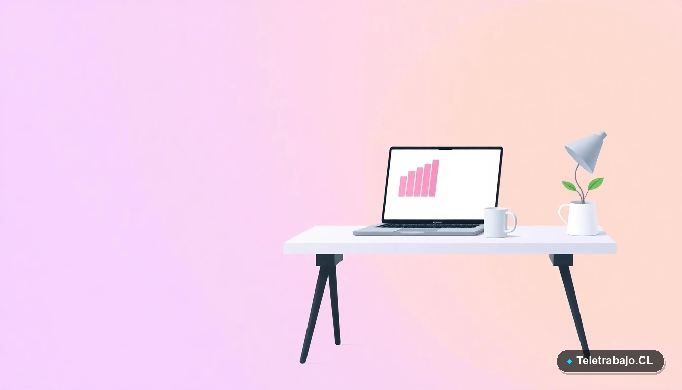 Escritorio moderno vacío con laptop mostrando un gráfico de barras, una planta de escritorio y una taza de café. Ilustración vectorial plana con fondo en gradiente de lavanda y durazno, representando un espacio de trabajo tech.