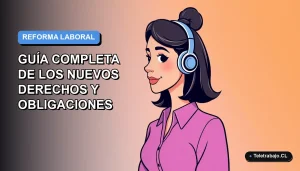 Ilustración plana corporativa de una trabajadora remota chilena sonriente, con fondo degradado azul y naranja, representando la nueva ley laboral.