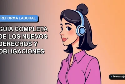 Ilustración plana corporativa de una trabajadora remota chilena sonriente, con fondo degradado azul y naranja, representando la nueva ley laboral.