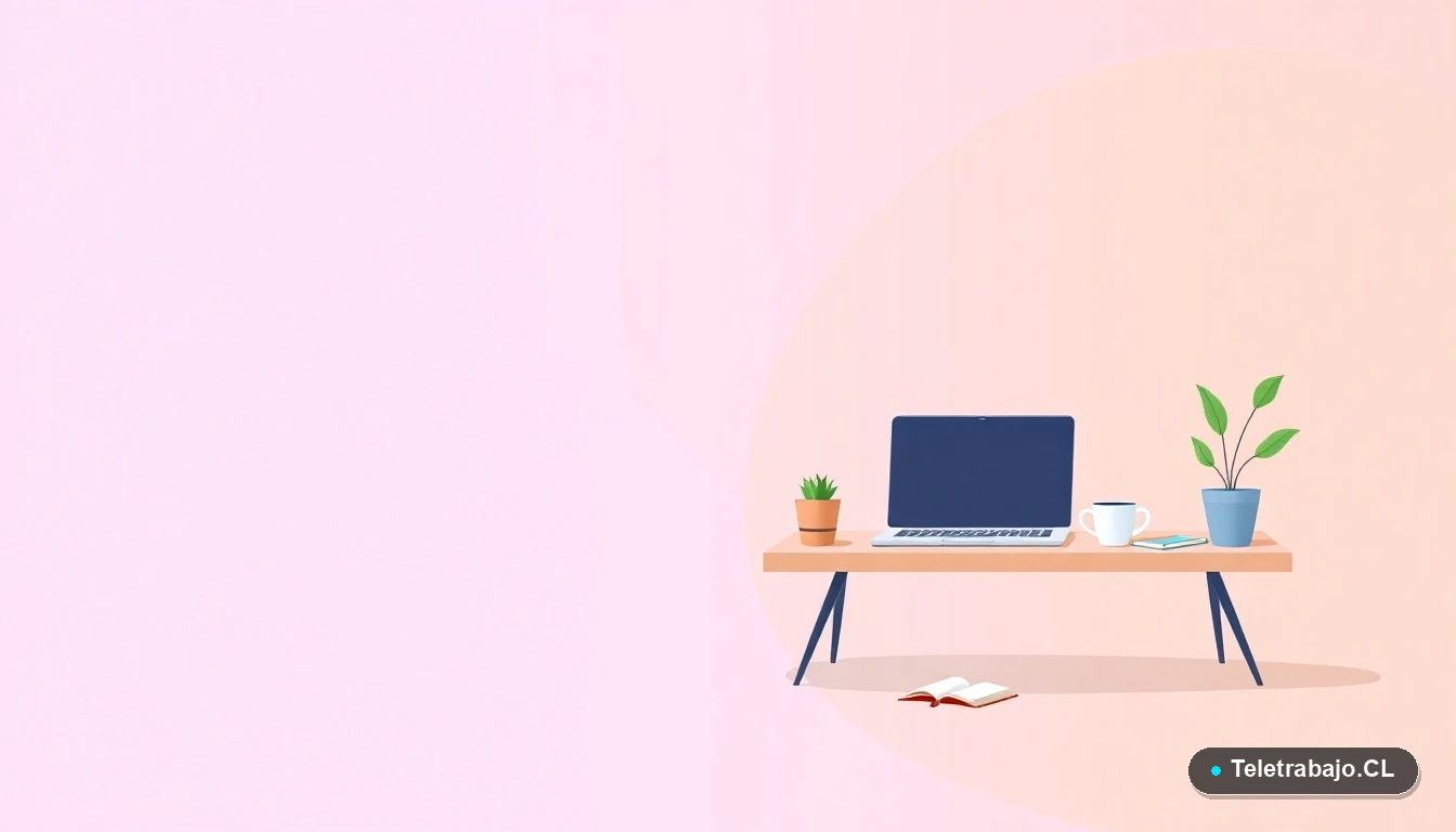 Escritorio moderno minimalista para teletrabajo con laptop y planta, ilustración plana para artículo sobre la Reforma Laboral 2026 en Chile.