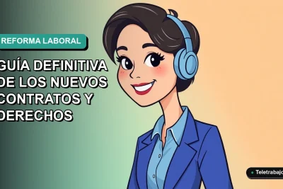 Ilustración plana corporativa de una mujer profesional chilena sonriente, con blusa azul y corte moderno, sobre fondo degradado verde azulado. Representa la nueva ley laboral.