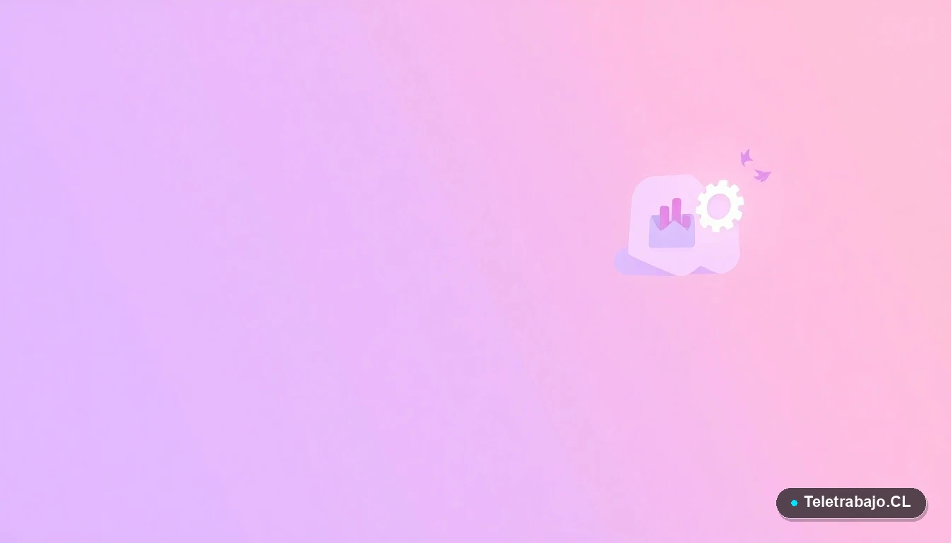 Interfaz de usuario abstracta con gráficos, engranajes y carpetas en tonos lavanda y durazno, sobre fondo degradado lila. Concepto visual de tecnología y nueva legislación laboral chilena.