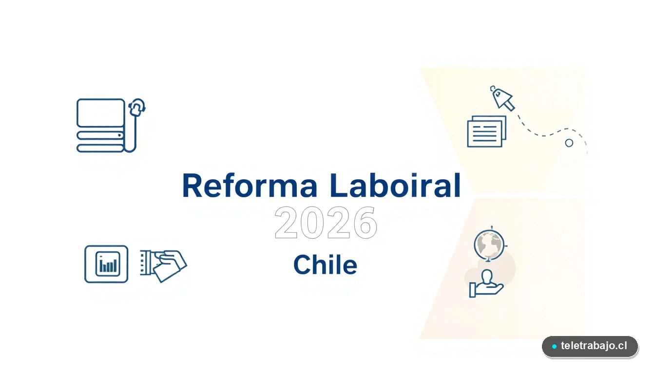Infografía de los pilares clave de la Reforma Laboral 2026 en Chile: teletrabajo, contratos digitales, protección de datos y capacitación.