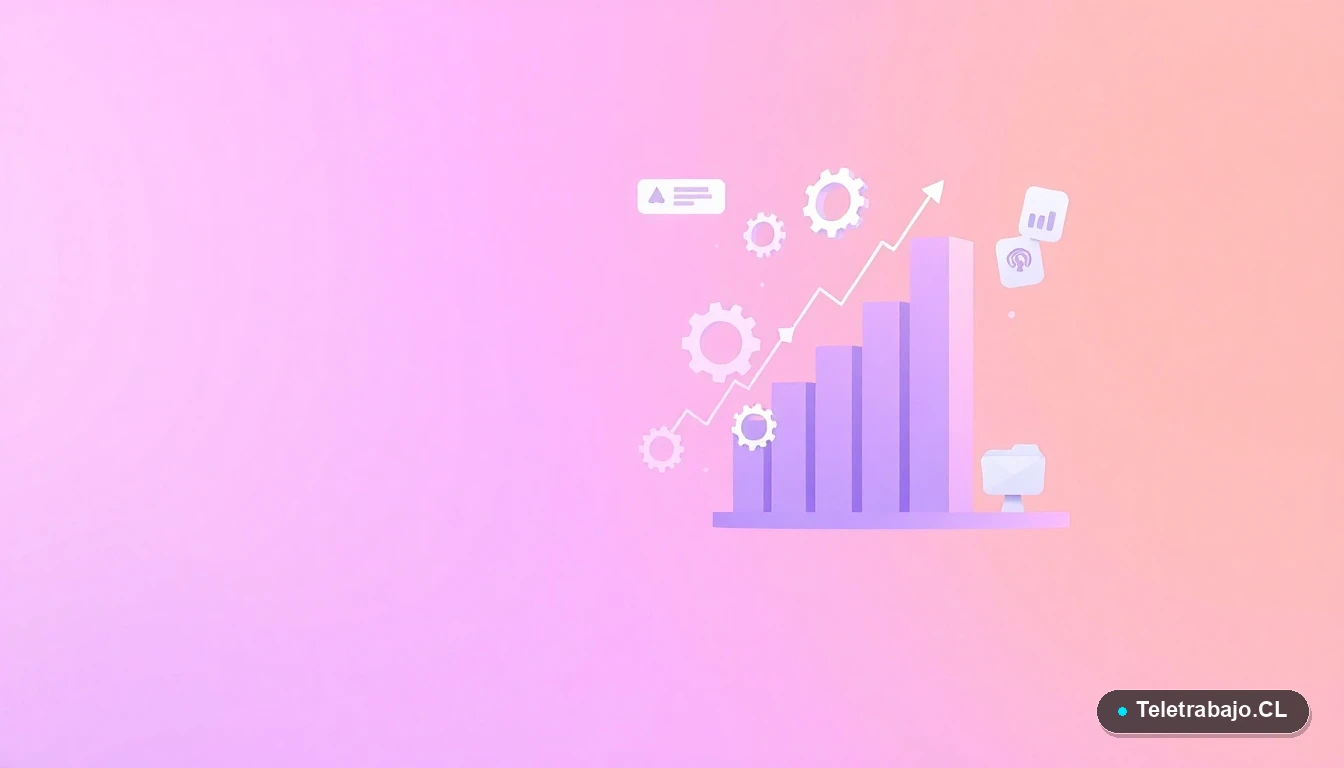 Composición abstracta de interfaz tecnológica con gráficos, engranajes y carpetas flotantes en tonos lavanda y durazno, sobre fondo degradado. Concepto de planificación y proyección financiera para la jubilación.