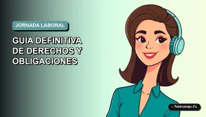 Ilustración plana corporativa de una trabajadora remota chilena sonriente, con fondo degradado azul verdoso, representando la nueva ley de registro de jornada laboral.