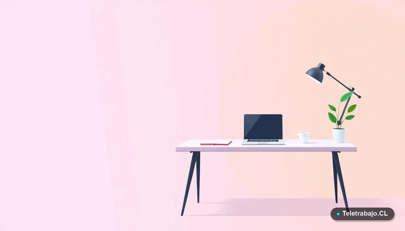 Escritorio moderno minimalista con laptop, cuaderno y taza de café, sobre fondo degradado lila y durazno, concepto de espacio de trabajo remoto para registro de jornada.