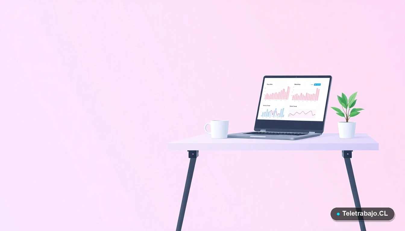 Escritorio moderno y ordenado con laptop, taza de café y planta, en fondo gradiente lila. Representa un espacio de trabajo digital eficiente.