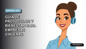 Ilustración plana corporativa de una mujer profesional chilena con blusa azul y pelo recogido, sobre un fondo degradado suave azul y gris, representando el regreso a la oficina.