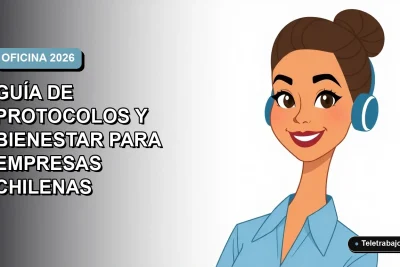 Ilustración plana corporativa de una mujer profesional chilena con blusa azul y pelo recogido, sobre un fondo degradado suave azul y gris, representando el regreso a la oficina.