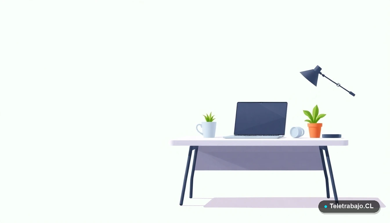 Escritorio moderno vacío con laptop, planta y taza de café en estilo de ilustración vectorial plana, sobre fondo degradado verde menta, concepto de espacio de trabajo preparado.