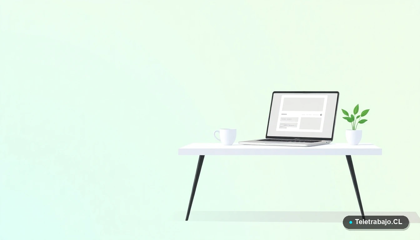 Escritorio moderno minimalista vacío con laptop, taza de café y planta suculenta, sobre fondo degradado verde menta. Ilustración vectorial plana.