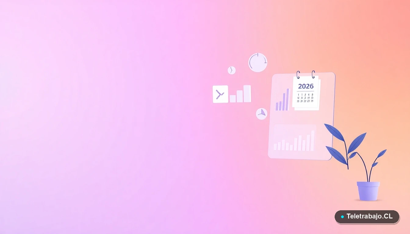 Elementos de interfaz de usuario abstractos y modernos, como gráficos y carpetas, sobre un fondo degradado lila y durazno, concepto de procesos laborales 2026.