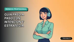 Ilustración vectorial plana de una mujer profesional chilena sonriendo, con fondo degradado azul verdoso, representando el reinicio laboral estratégico.