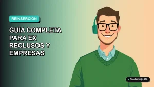 Ilustración plana corporativa de un hombre trabajando remoto, representando la reinserción laboral para ex reclusos en Chile. Fondo con gradiente suave de color aguamarina.