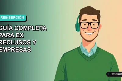 Ilustración plana corporativa de un hombre trabajando remoto, representando la reinserción laboral para ex reclusos en Chile. Fondo con gradiente suave de color aguamarina.