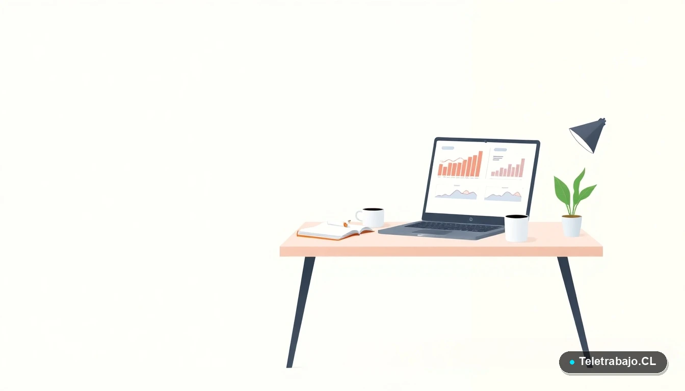 Escritorio moderno vacío con laptop, gráficos, taza de café y planta, simbolizando un espacio de trabajo listo para la inclusión laboral en Chile.