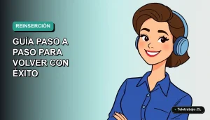 Ilustración vectorial plana de una mujer profesional chilena sonriente, con blusa azul, en fondo degradado verde azulado, representando el éxito en la reinserción laboral.