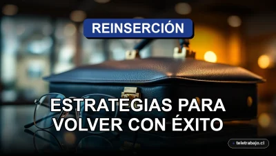 Fotografía de detalle corporativo de un maletín de cuero cerrado y lentes de lectura sobre una mesa de vidrio, concepto de reinserción laboral 2026.