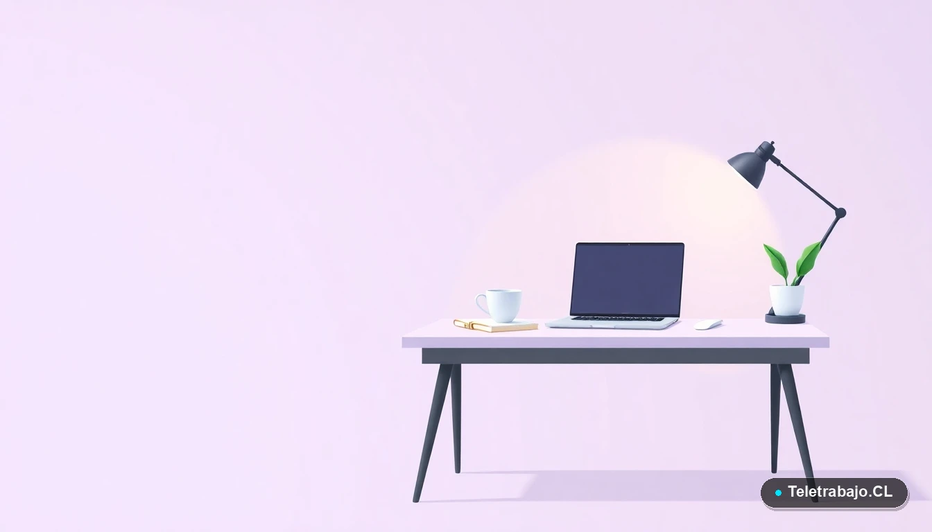 Escritorio moderno minimalista vacío con laptop, cuaderno y taza de café, ilustración vectorial plana. Fondo con gradiente de lavanda. Concepto de nuevo comienzo laboral.