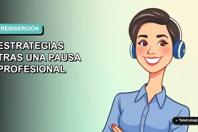 Ilustración vectorial plana de una mujer profesional feliz, con blusa azul y pelo corto, sobre un fondo degradado suave azul y verde. Espacio negativo a la izquierda.