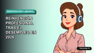 Ilustración plana vectorial de una mujer profesional trabajando de forma remota, con fondo degradado azul verdoso.