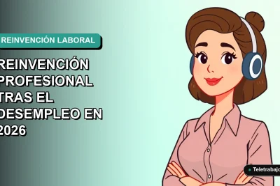 Ilustración plana vectorial de una mujer profesional trabajando de forma remota, con fondo degradado azul verdoso.
