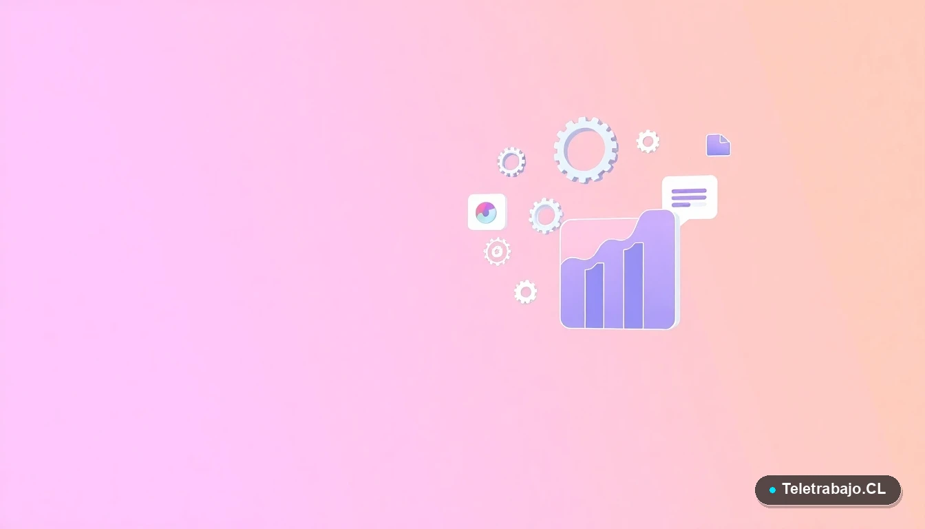 Composición abstracta de interfaz de usuario con gráficos y iconos flotantes, sobre fondo degradado lila y melocotón.