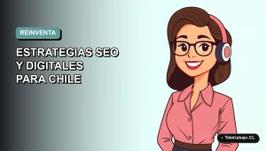 Ilustración vectorial plana de mujer profesional chilena de 45+ años sonriendo, con fondo degradado azul verdoso, representando reinvención laboral digital.