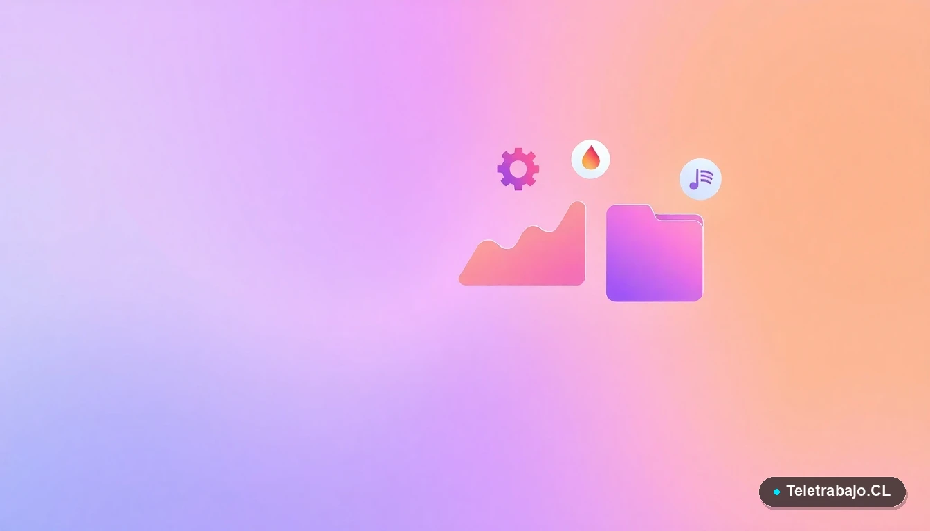 Elementos de interfaz de usuario abstractos: gráficos flotantes, engranaje y carpeta, sobre fondo degradado lila, representando estrategias digitales y SEO.