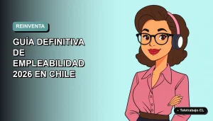 Ilustración vectorial plana de una mujer profesional de 45 años sonriendo, con fondo degradado azul verdoso. Representa la reinvención laboral en Chile.