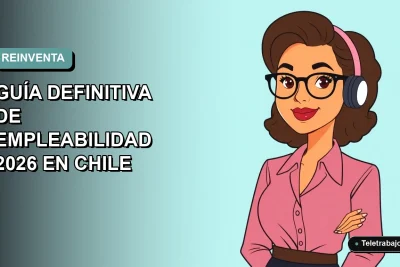 Ilustración vectorial plana de una mujer profesional de 45 años sonriendo, con fondo degradado azul verdoso. Representa la reinvención laboral en Chile.