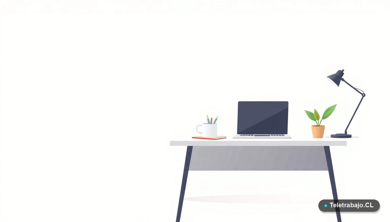 Escritorio moderno minimalista con laptop, cuaderno y café, ilustración vectorial plana con fondo degradado verde menta, concepto de teletrabajo y productividad.