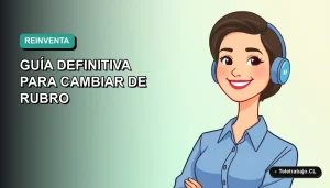 Ilustración vectorial plana de una mujer profesional chilena con blusa azul y pelo corto, sobre un fondo degradado verde azulado, representando la reinvención laboral.