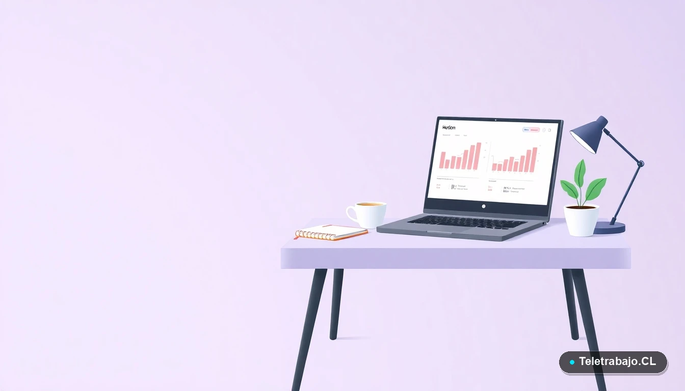 Escritorio moderno minimalista con laptop, gráficos, taza de café y planta, sobre fondo degradado lavanda, simbolizando un nuevo comienzo laboral.